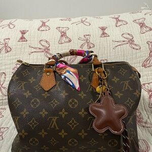 Louis Vuitton Brown Monogram Satchel with Pink-Accent Scarf